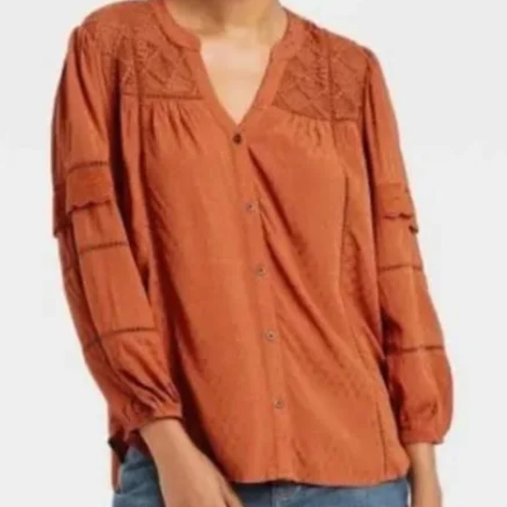 NWT Knox Rose XS Burnt Orange Button-Up Long Sleeve Blouse